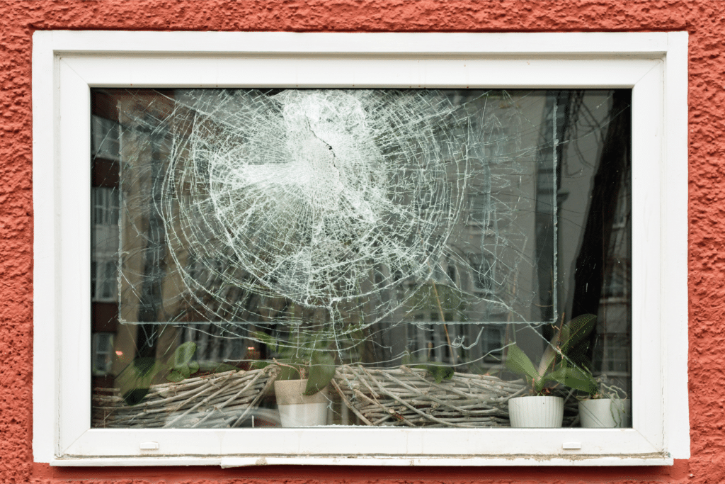 A cracked window that needs to be replaced. The home exterior wall is a red stucco.